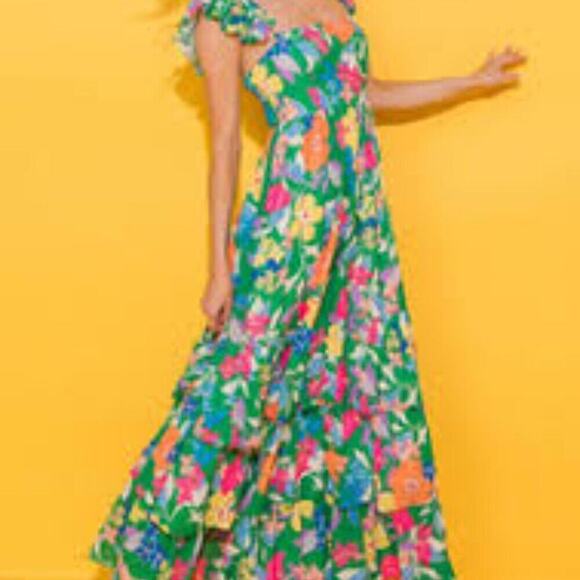 BOUTIQUE GREEN NWOT FLORAL RUFFLE PEPLUM LINED MAXI DRESS MULTIPLE SIZES - Picture 1 of 9